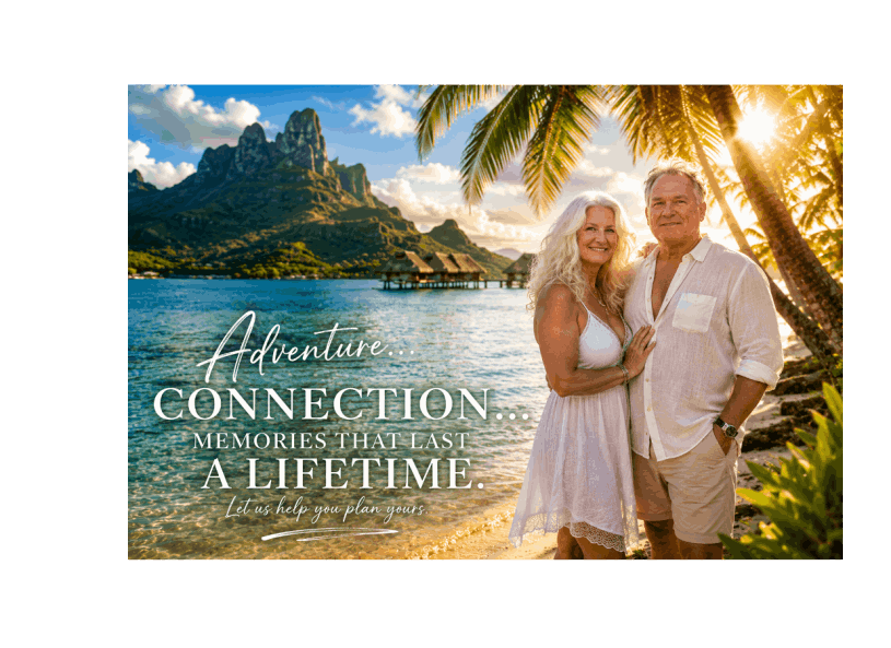 Hugh and Judy pictured with a Bora Bora backdrop for their Hawaii and Tahiti cruise