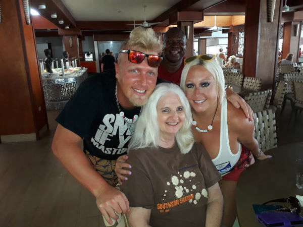 Judy with friends during a Hedonism II group trip in Jamaica